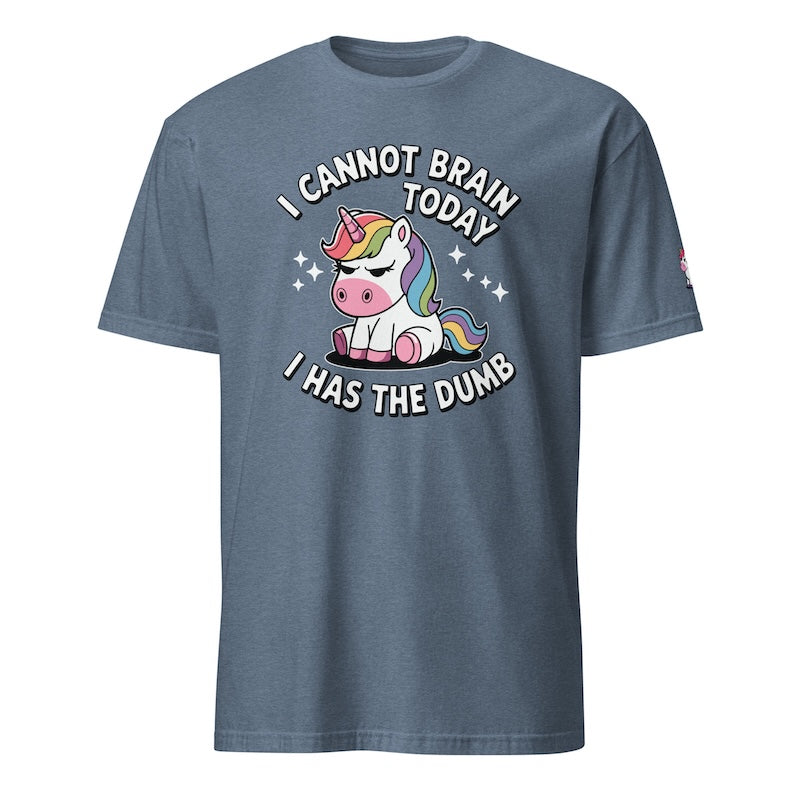 Blue t-shirt with a unicorn graphic and humorous text on a white background
