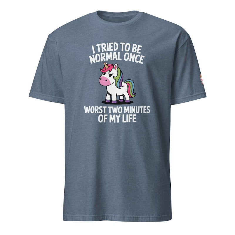 Blue t-shirt with a unicorn graphic and humorous text on a white background