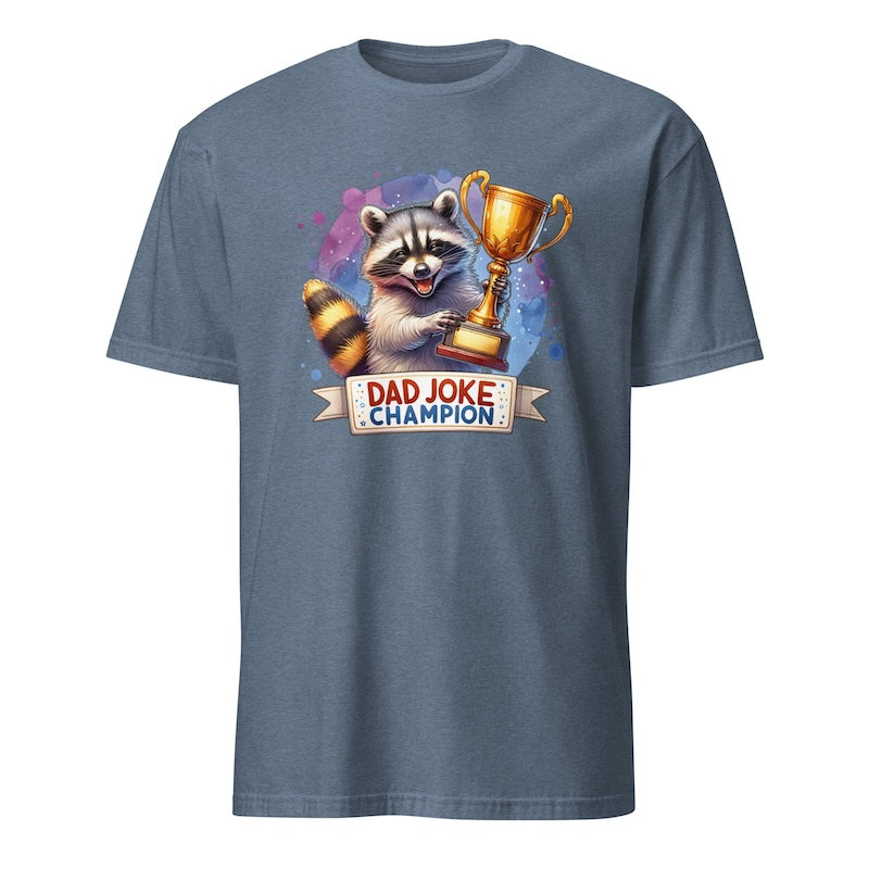 Blue t-shirt with a raccoon holding a trophy and 'Dad Joke Champion' text on a white background
