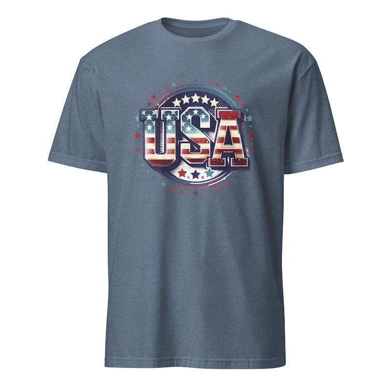 Blue t-shirt with 'USA' graphic design on a white background