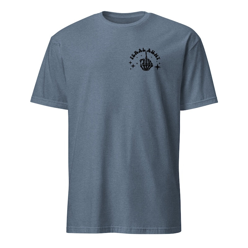 Blue t-shirt with a black graphic on a white background