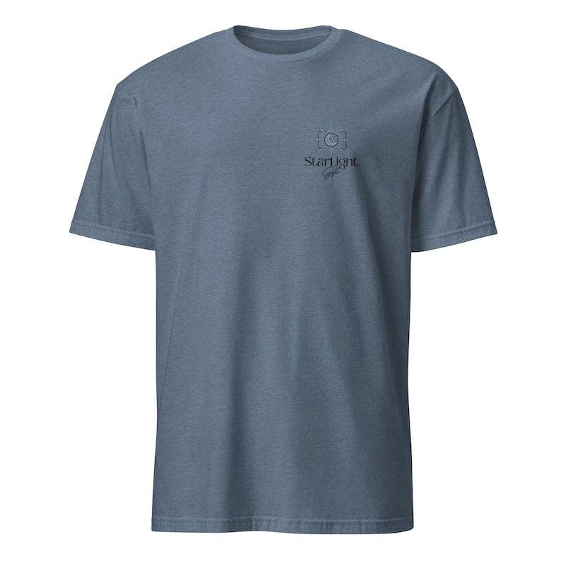 Blue t-shirt with a logo and text on a white background