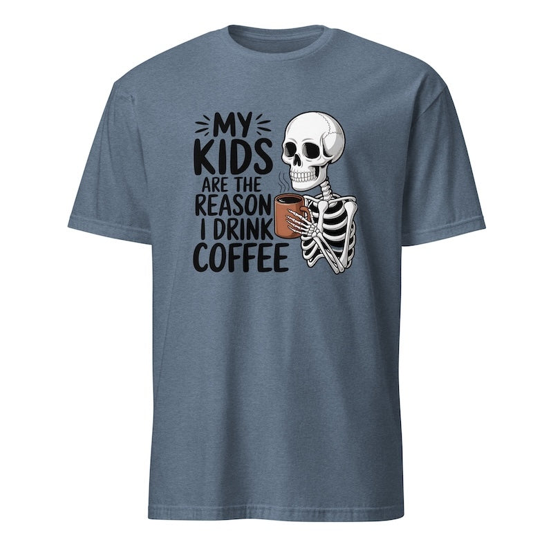 Blue t-shirt with skeleton holding a coffee cup and text on a white background