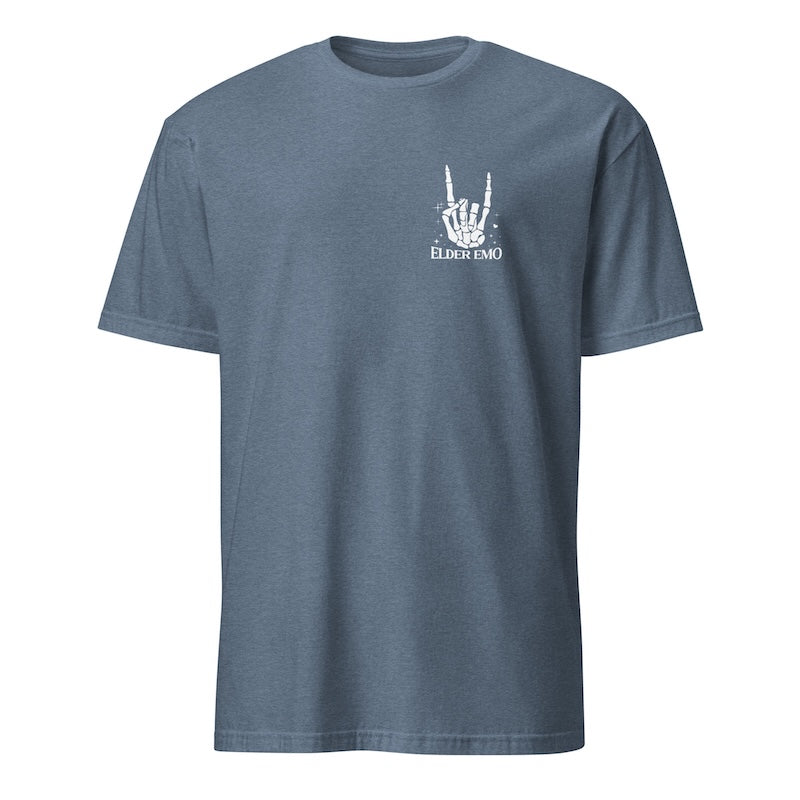 Blue t-shirt with a white graphic and text on a white background