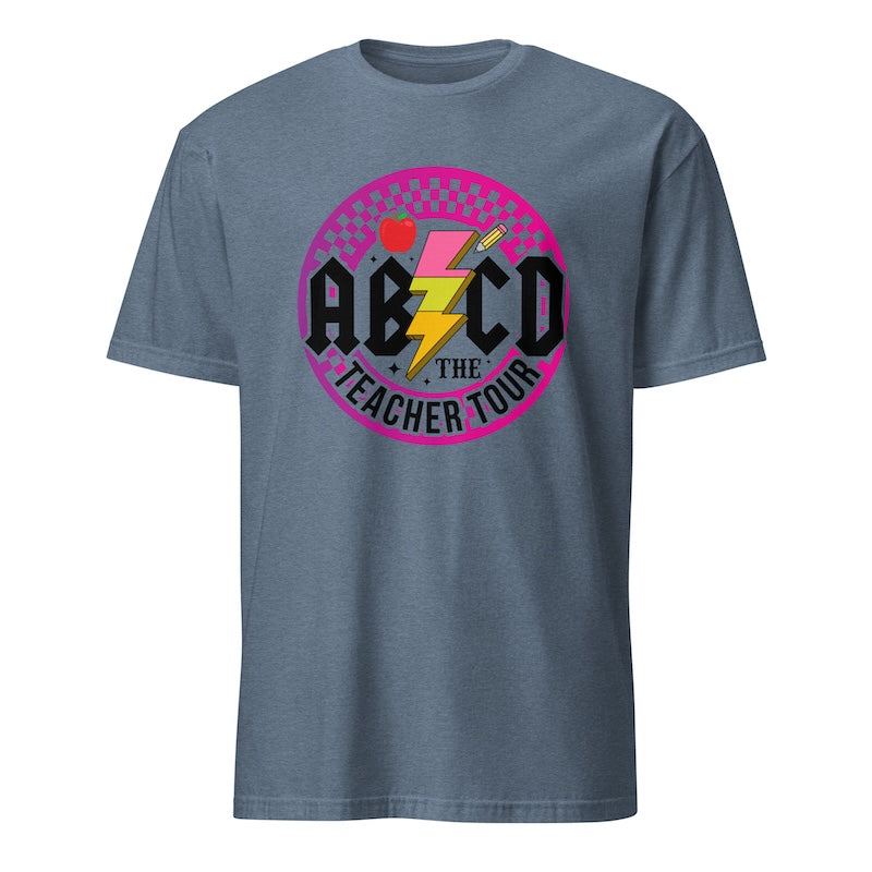 Blue t-shirt with colorful graphic design on a white background