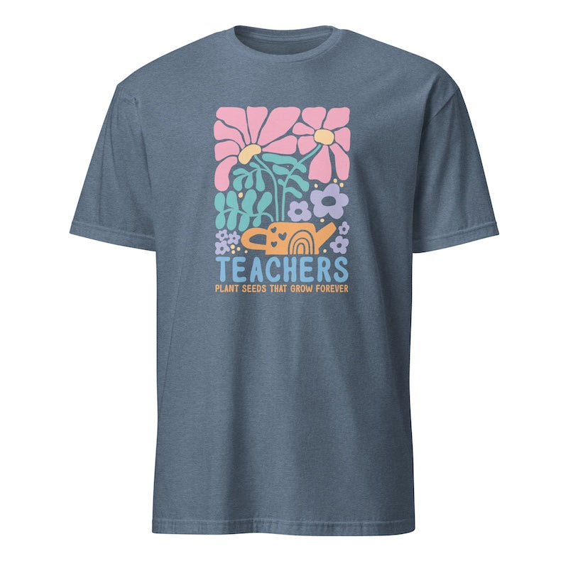 Blue t-shirt with colorful graphic and 'Teachers' text on a white background