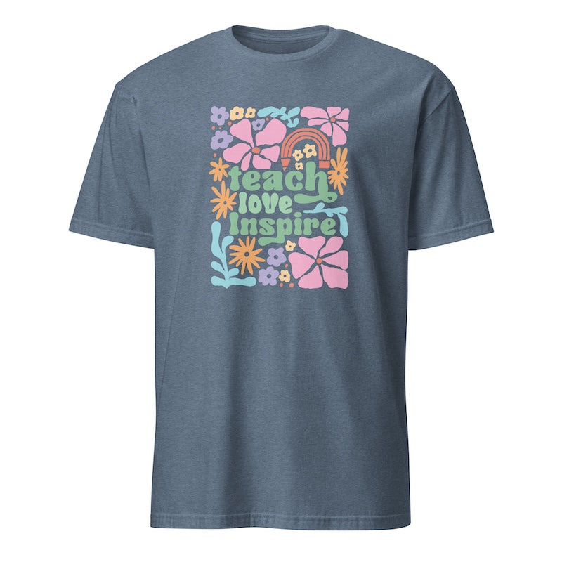 Blue t-shirt with colorful graphic design and text on a white background