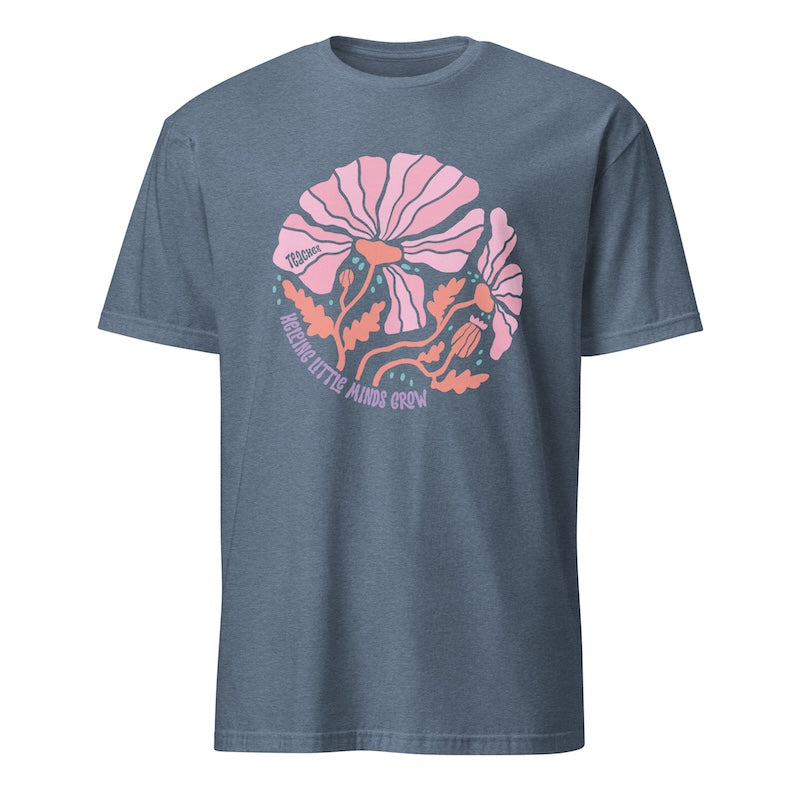 Blue t-shirt with pink floral design and text on a white background