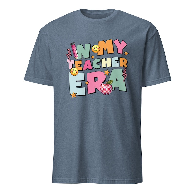 Blue t-shirt with colorful text design on a white background