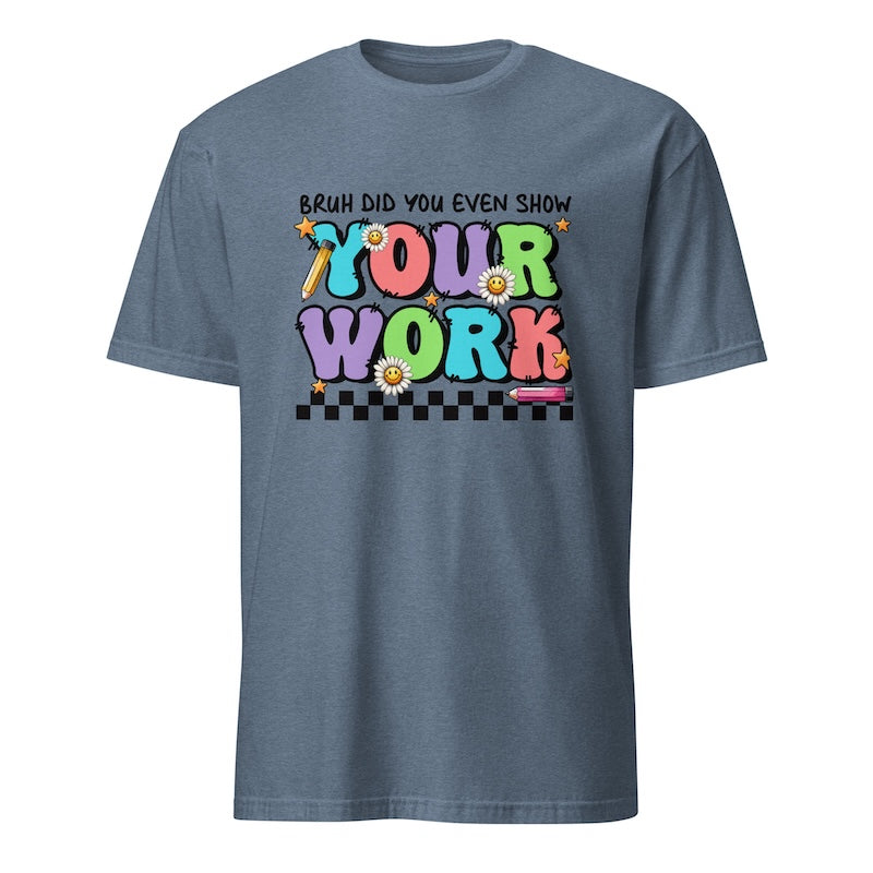Blue t-shirt with colorful text design on a white background