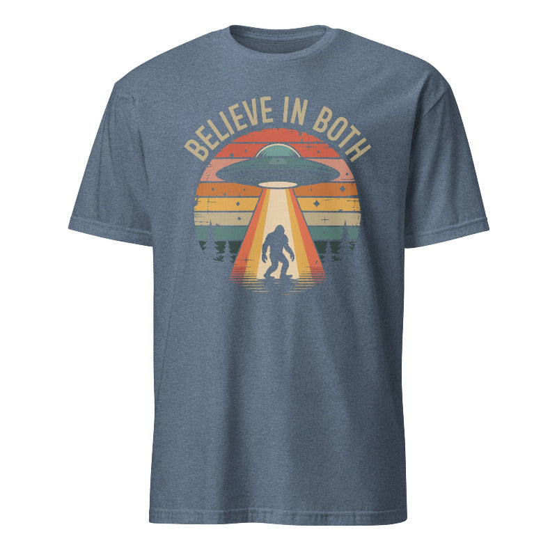 Blue t-shirt with UFO and Bigfoot graphic and 'BELIEVE IN BOTH' text on a white background