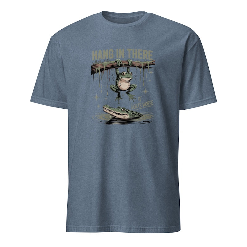 Blue t-shirt with a graphic of a frog and text 'Hang in there, it gets better' on a white background