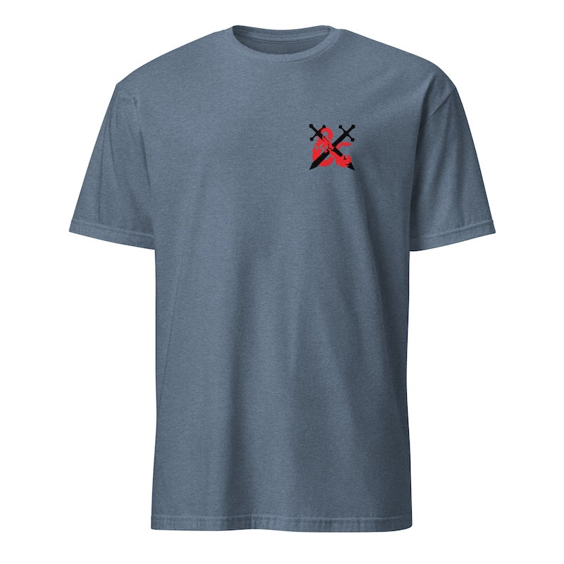Blue t-shirt with a red and black logo on a white background