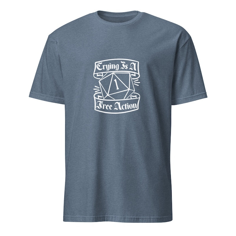Blue t-shirt with white graphic and text on a white background
