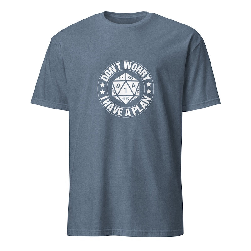 Blue t-shirt with white graphic and text on a white background