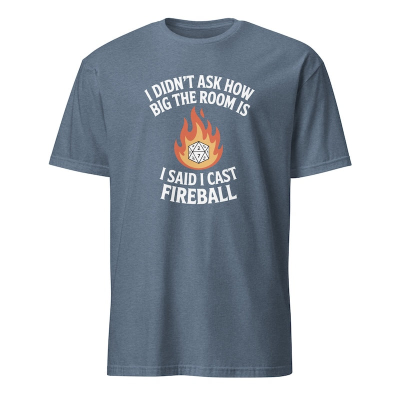 Blue t-shirt with text and fireball graphic on a white background