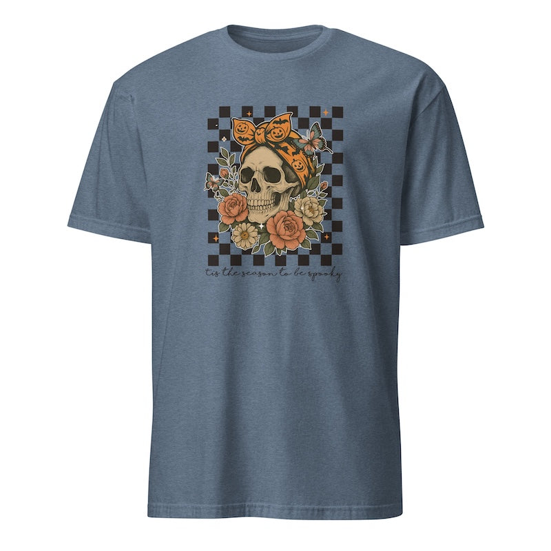 Blue t-shirt with a skull and floral design on a white background
