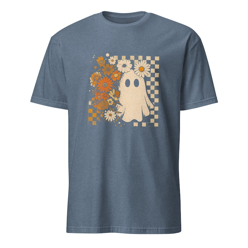 Blue t-shirt with a ghost and floral design on a white background