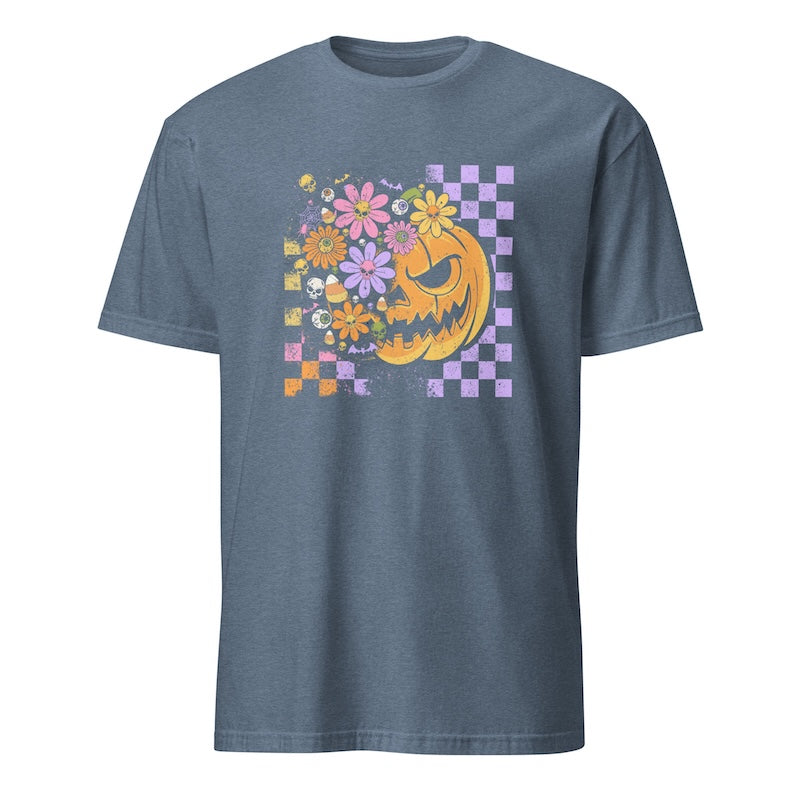 Blue t-shirt with a jack-o'-lantern and floral design on a white background