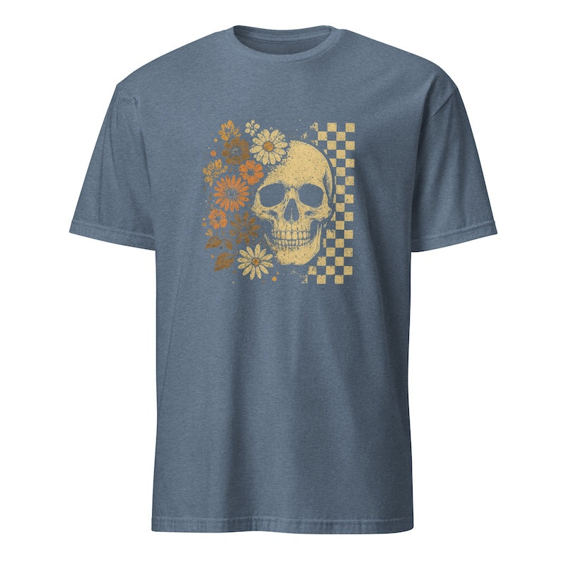 Blue t-shirt with a skull and floral design on a white background