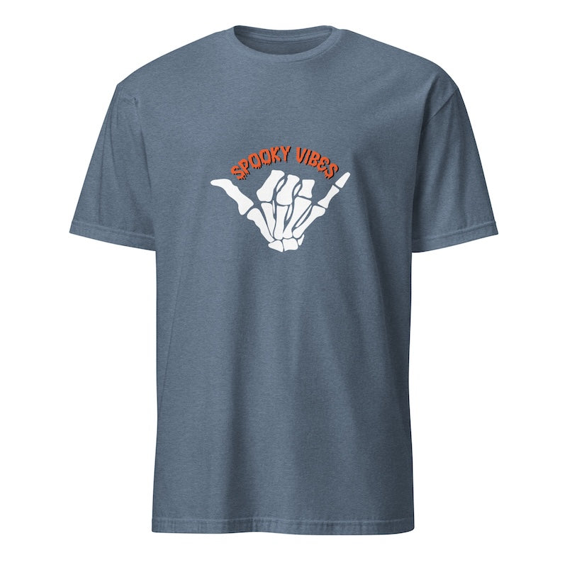 Blue t-shirt with a hand gesture and 'Spooky Vibes' text on a white background