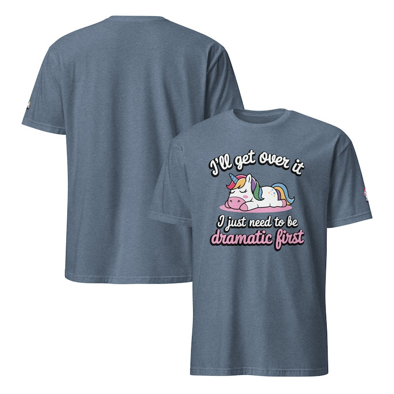 Blue t-shirt with unicorn graphic and text on a white background