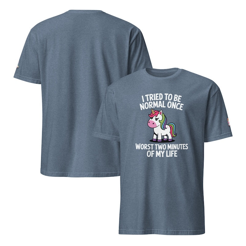 Blue t-shirt with unicorn graphic and text on a white background