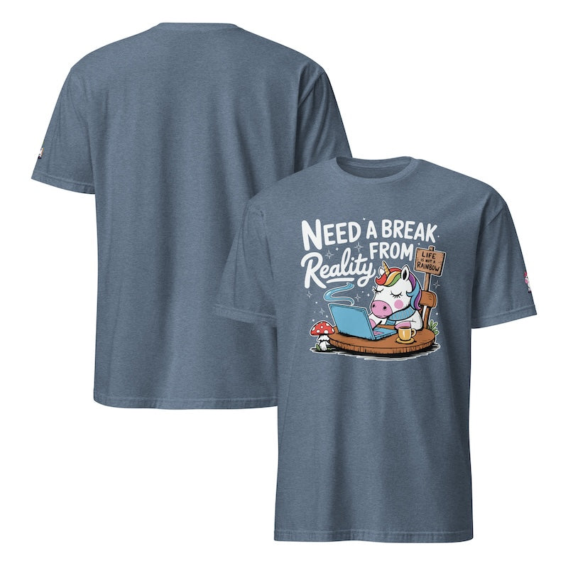 Blue t-shirt with cartoon design and text 'Need a Break from Reality' on a white background