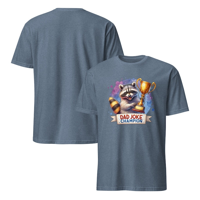 Blue t-shirt with raccoon holding a trophy and 'Dad Joke Champion' text on a white background