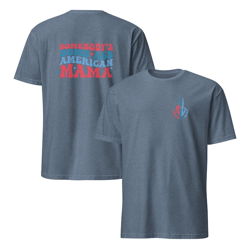 Blue t-shirt with text and logo on a white background