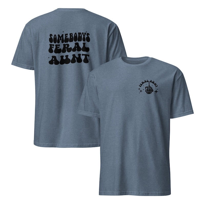 Blue t-shirt with text design on front and back