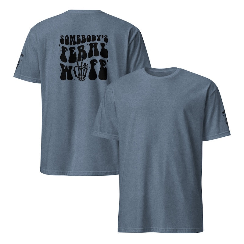Gray t-shirt with black text and graphics on a white background