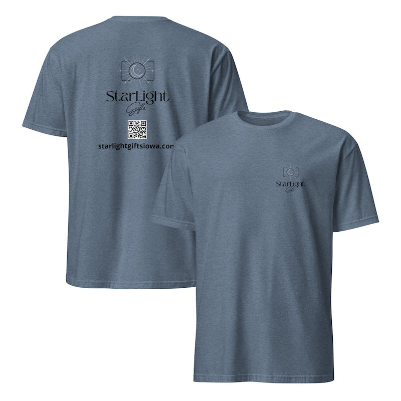Blue t-shirt with Starlight Gifts Iowa logo on a white background