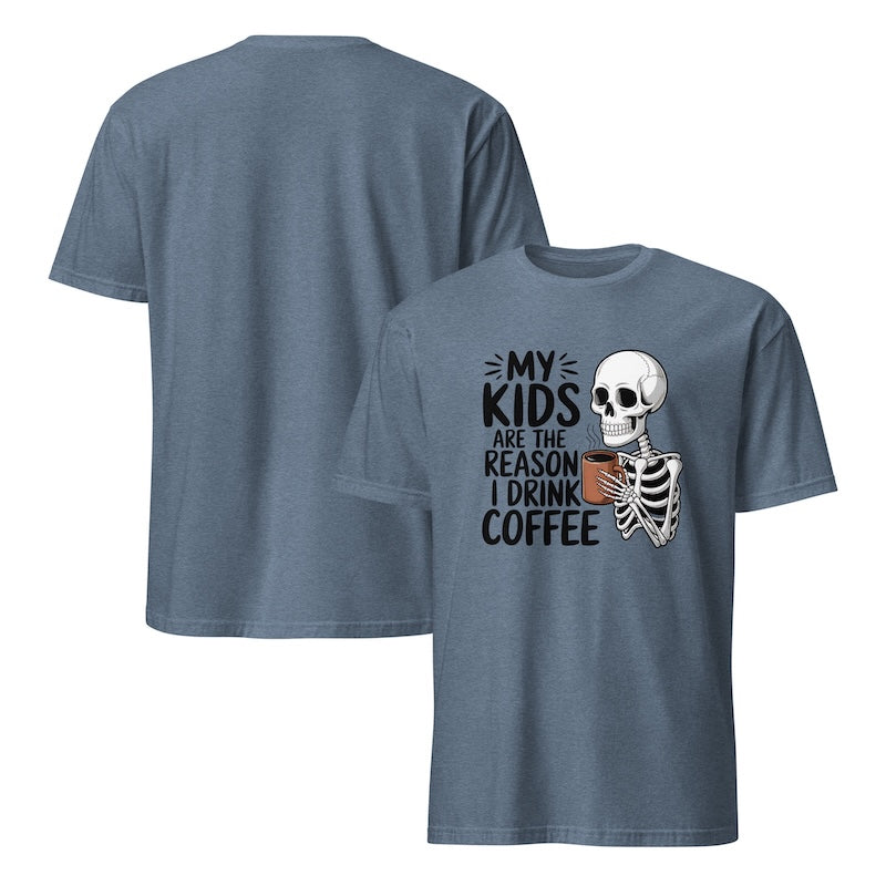 Blue t-shirt with skeleton graphic and text on a white background