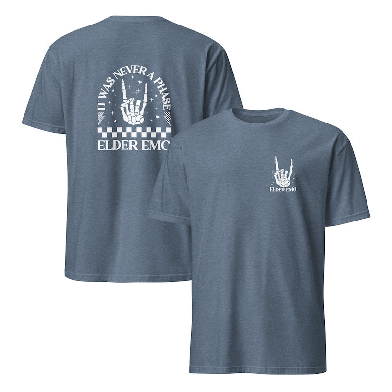 Blue t-shirt with white graphic design on a white background