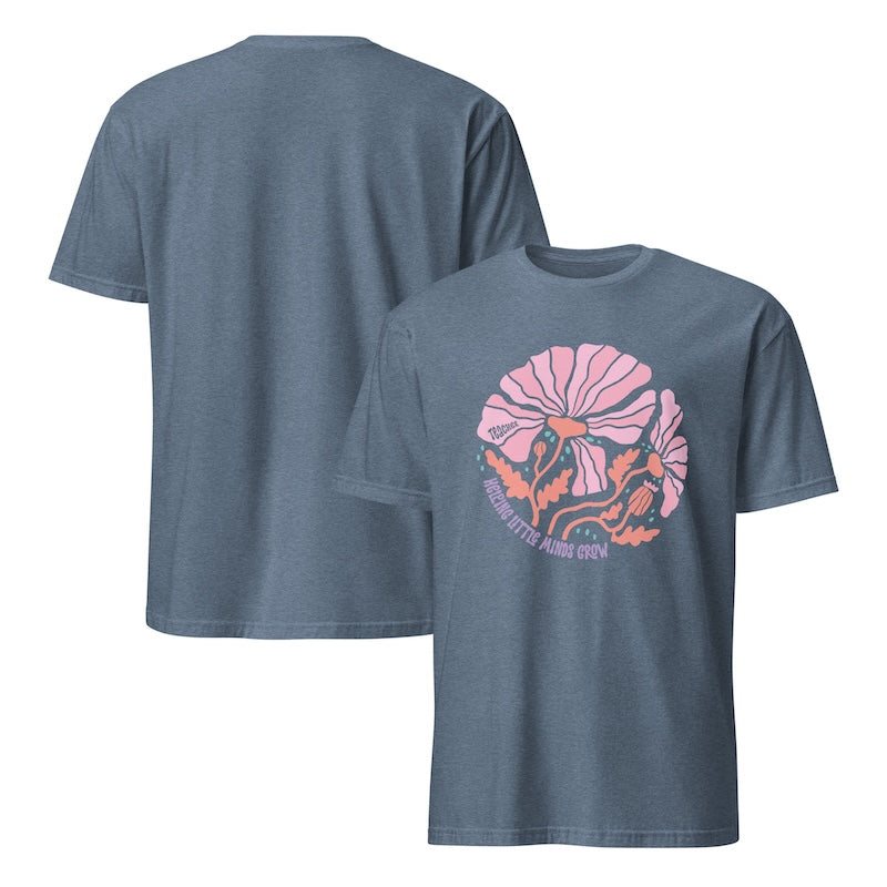 Blue t-shirt with pink and orange graphic design on a white background