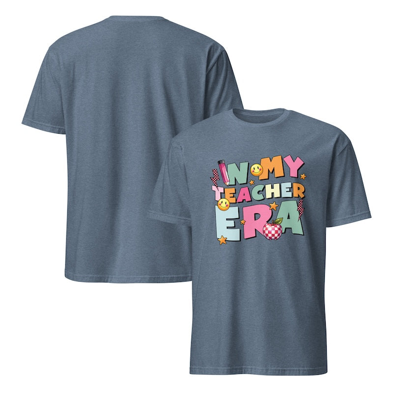 Blue t-shirt with 'IN MY TEACHER ERA' text design on a white background