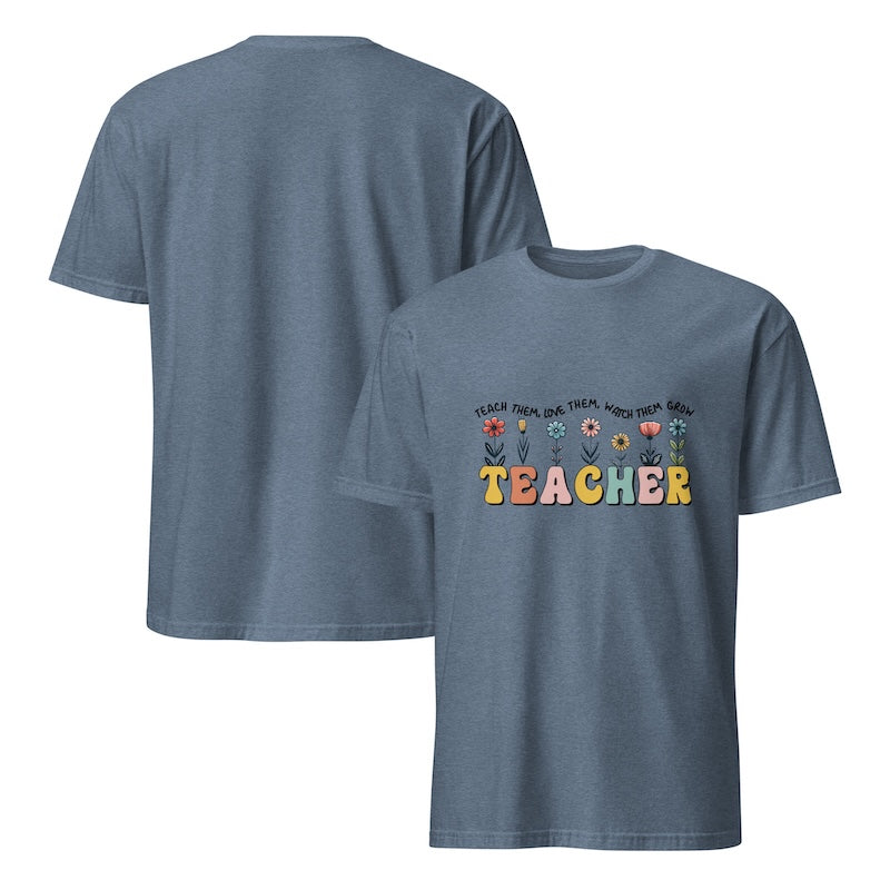 Blue t-shirt with 'TEACHER' text and floral designs on a white background