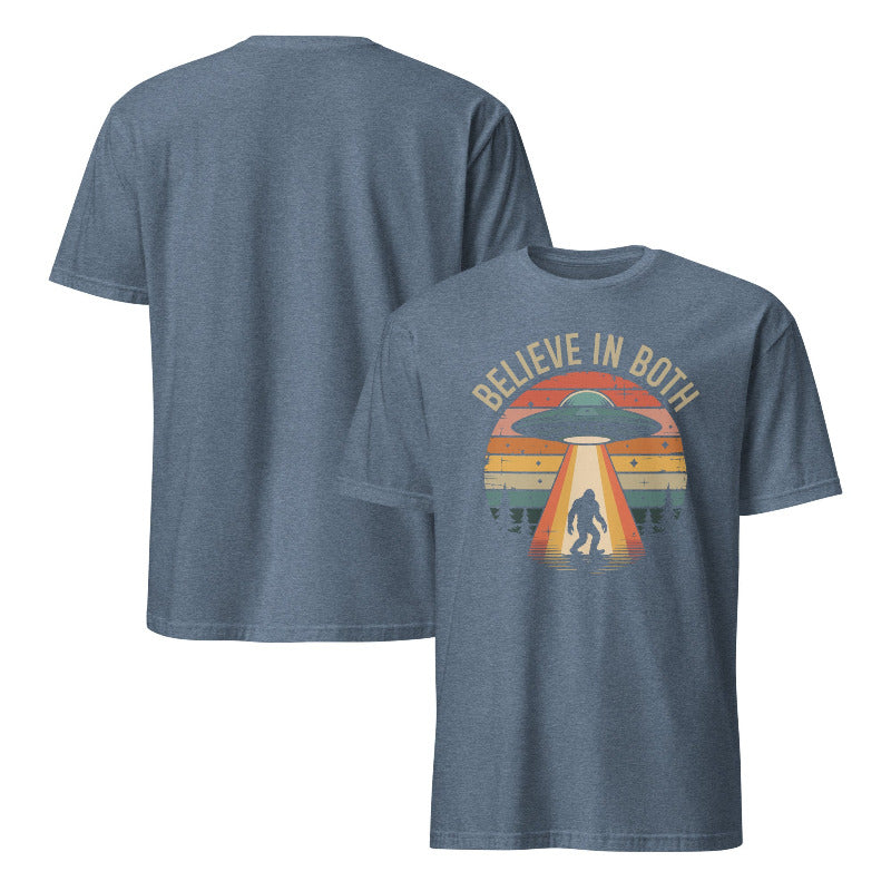Blue t-shirt with a graphic design featuring a UFO and Bigfoot, and text 'BELIEVE IN BOTH' on a white background.