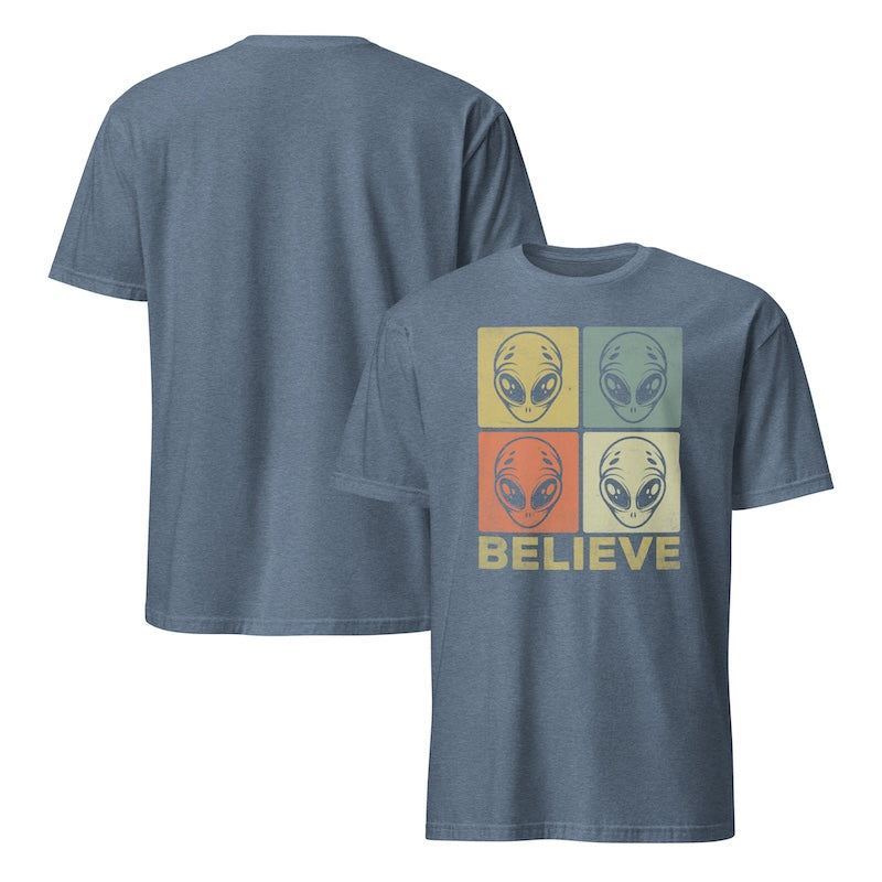 Blue t-shirt with alien graphic and 'BELIEVE' text on a white background