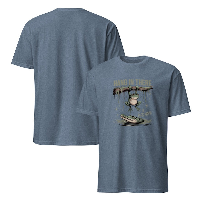 Blue t-shirt with graphic design on the front and back