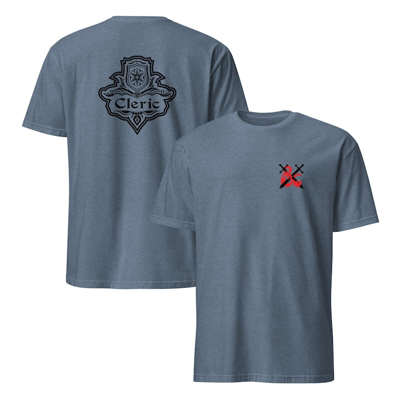 Gray t-shirt with 'Cleric' logo on the back and red design on the front, on a white background.