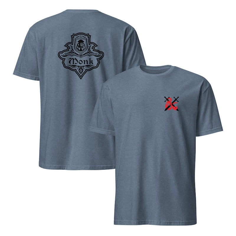 Gray t-shirt with black and red designs on a white background