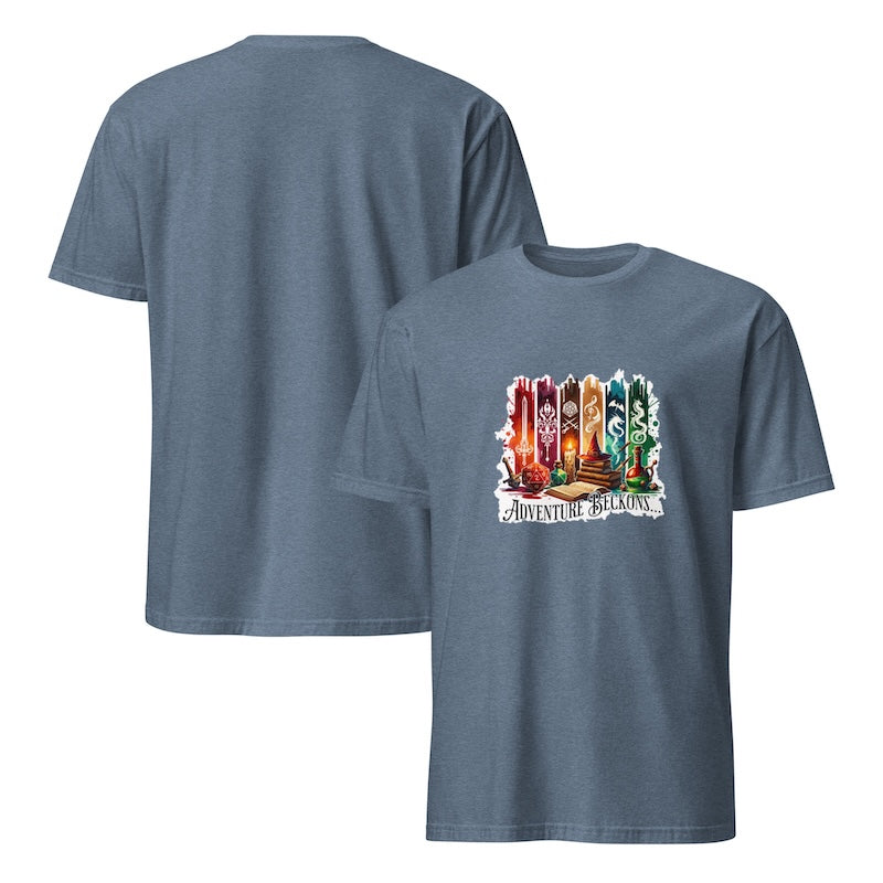 Blue t-shirt with a colorful graphic design on the front, displayed from front and back views.