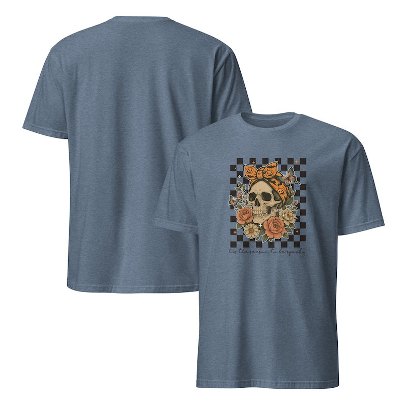 Blue t-shirt with a skull and floral design on a checkered background, shown from front and back.