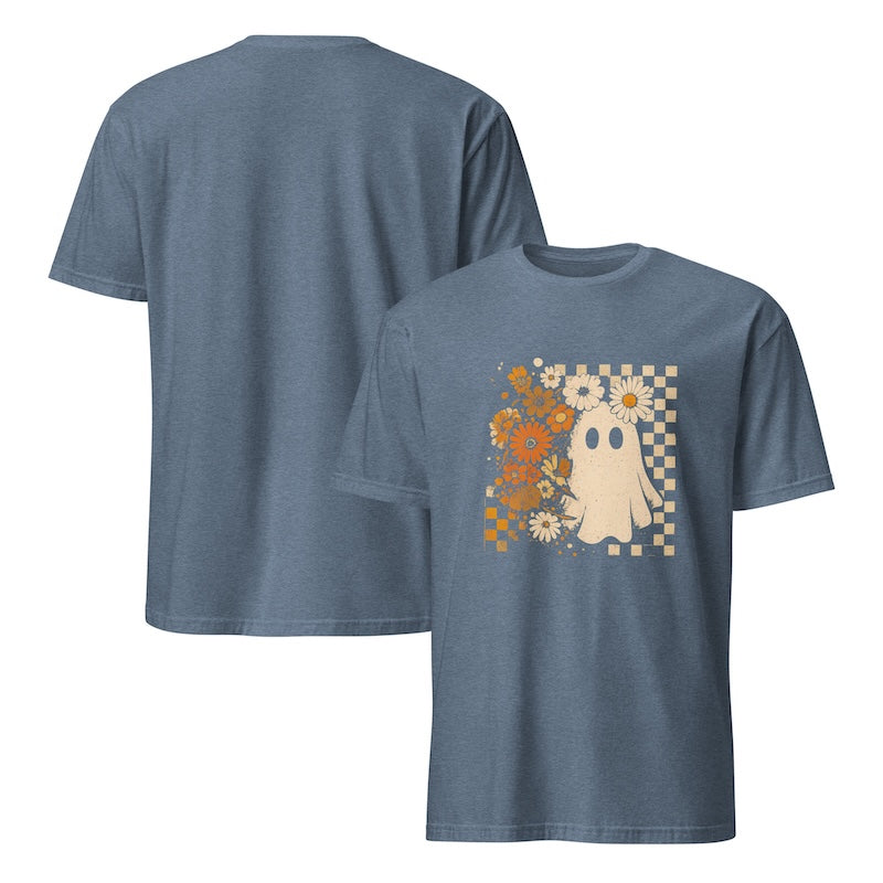 Blue t-shirt with a ghost and floral design on a white background