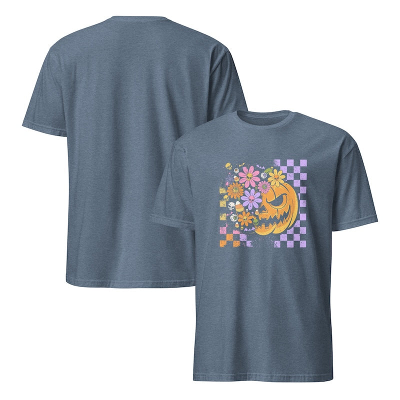 Blue t-shirt with a colorful pumpkin and flower design on a white background