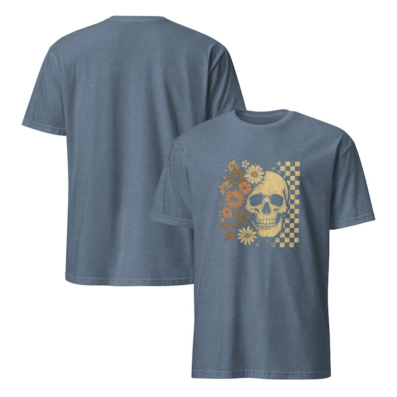 Blue t-shirt with a skull and floral design on a white background