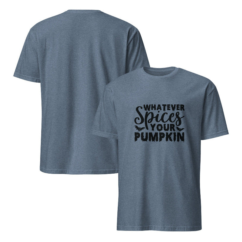 Blue t-shirt with text 'Whatever Spices Your Pumpkin' on a white background