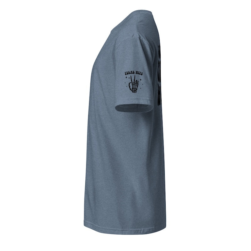 Gray t-shirt with black graphic on sleeve against a white background